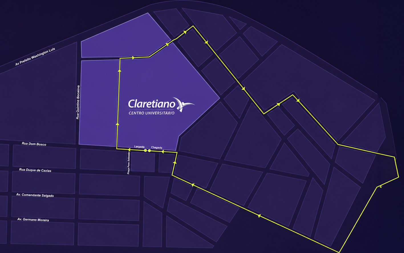 Mapa do percurso — Claretiano Centro Universitário, ponto de largada e chegada de todas as provas
